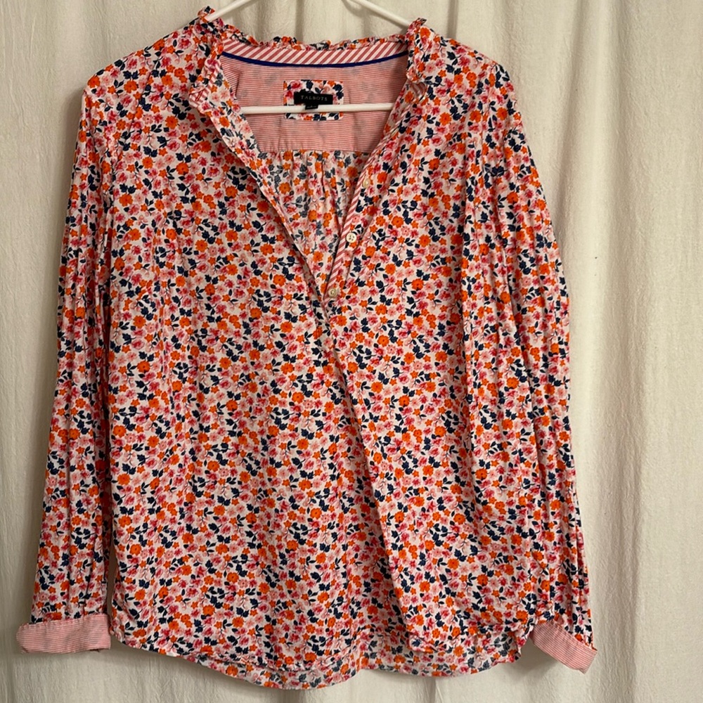 Pink, orange and navy print ladies long sleeve top.